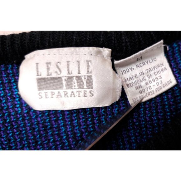 Leslie Fay Medium Black Purple Floral Aztec Tapered Body 3/4 Sleeves Sweater - Picture 12 of 14